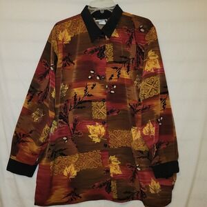Caliche Collection 18 Blouse Long Sleeve Fall Colors Pattern Black Trim Vtg E4